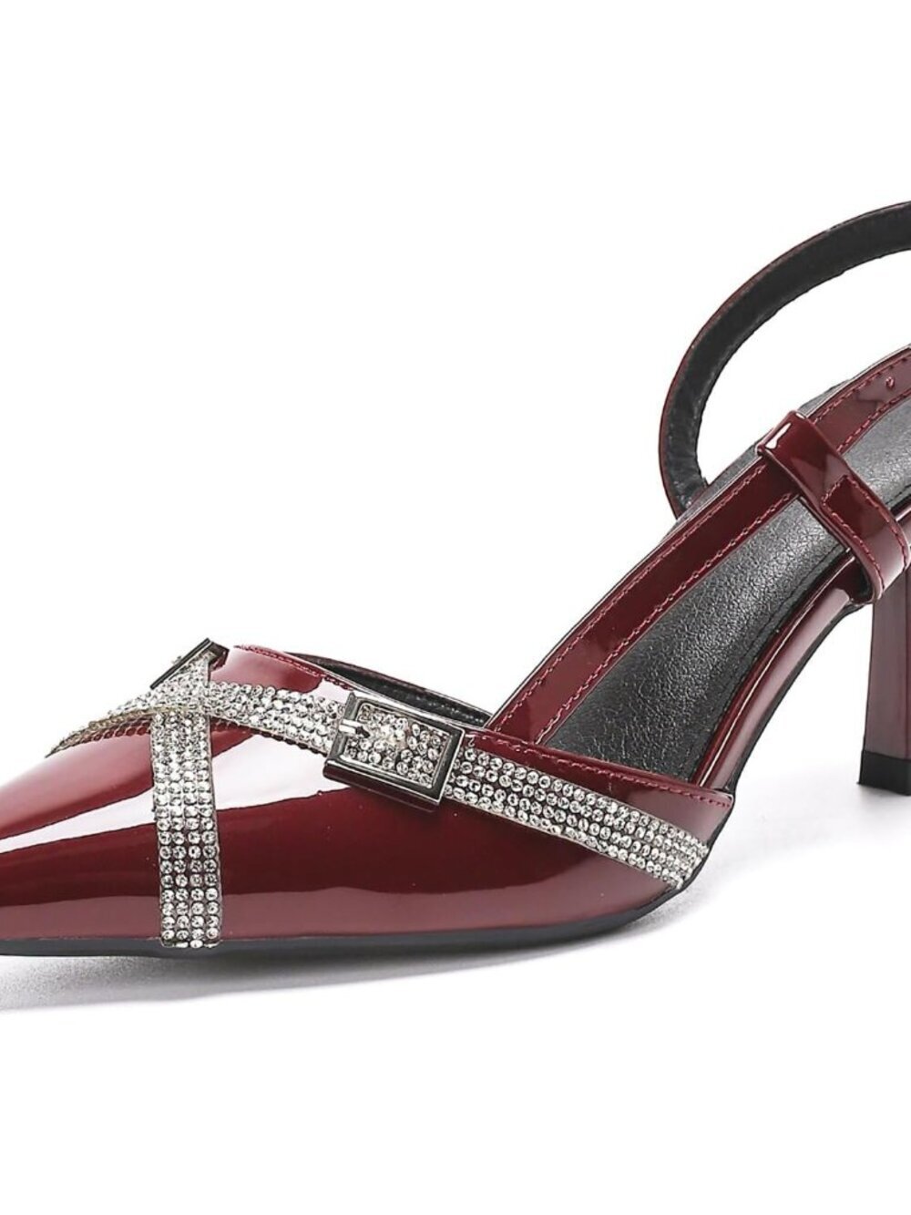 Women's Wine Slingback Kitten Heels Rhinestone Pumps Buckle Strap Sandals Shoes